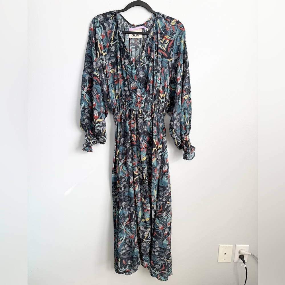 CHUFY Size L • Floral Print Balloon Sleeve Maxi Dress.